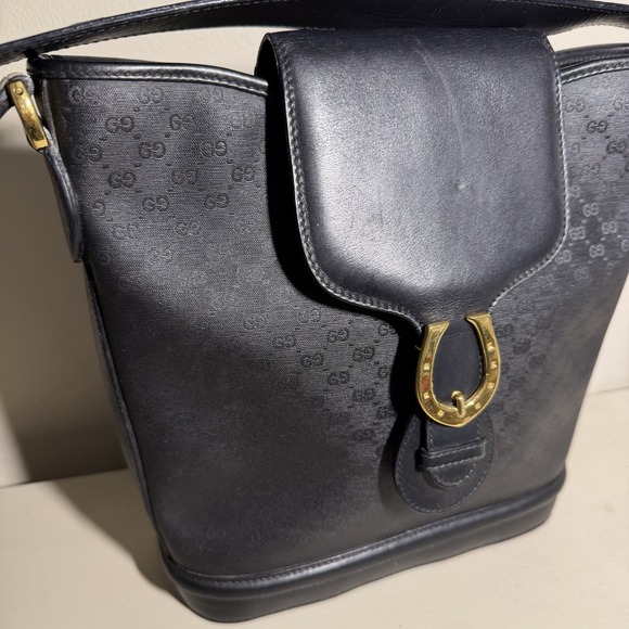 Vintage Gucci Horse Shoe Shoulder Bag Black Leather Canvas Monogram Authentic - Picture 2 of 16